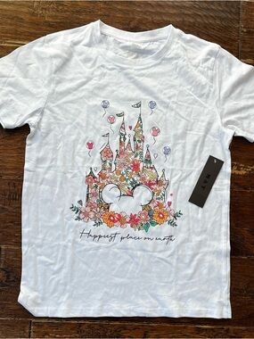 Disneyland Merch White Floral Castle Graphic Tee - "Happiest Place on Earth"